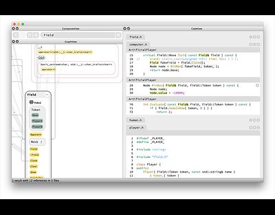 Das Interface gliedert sich grob in drei Bereiche: Die Suche oben links, eine Graph-Ansicht links und die Code-Ansicht rechts.