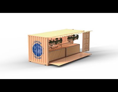 When the container is opened and placed, you can find boxes with casterwheels under them. The wheels enable the movement of the boxes. The boxes can then be rolled on the surface of the folding door. The top of the box then serves as kitchen table.